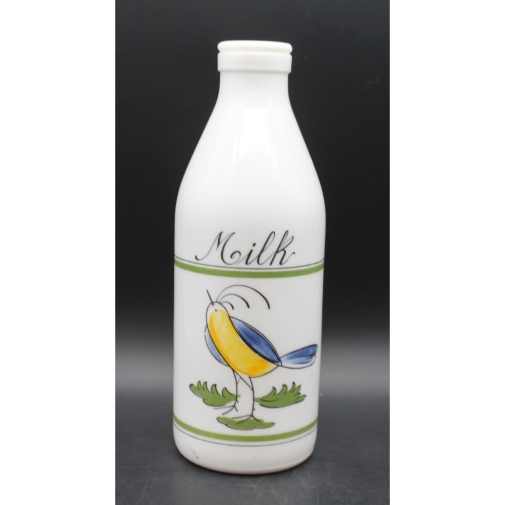 Egizia Italy Vintage Milk Glass Bottle Bird Design "Milk" White Decorative 9"